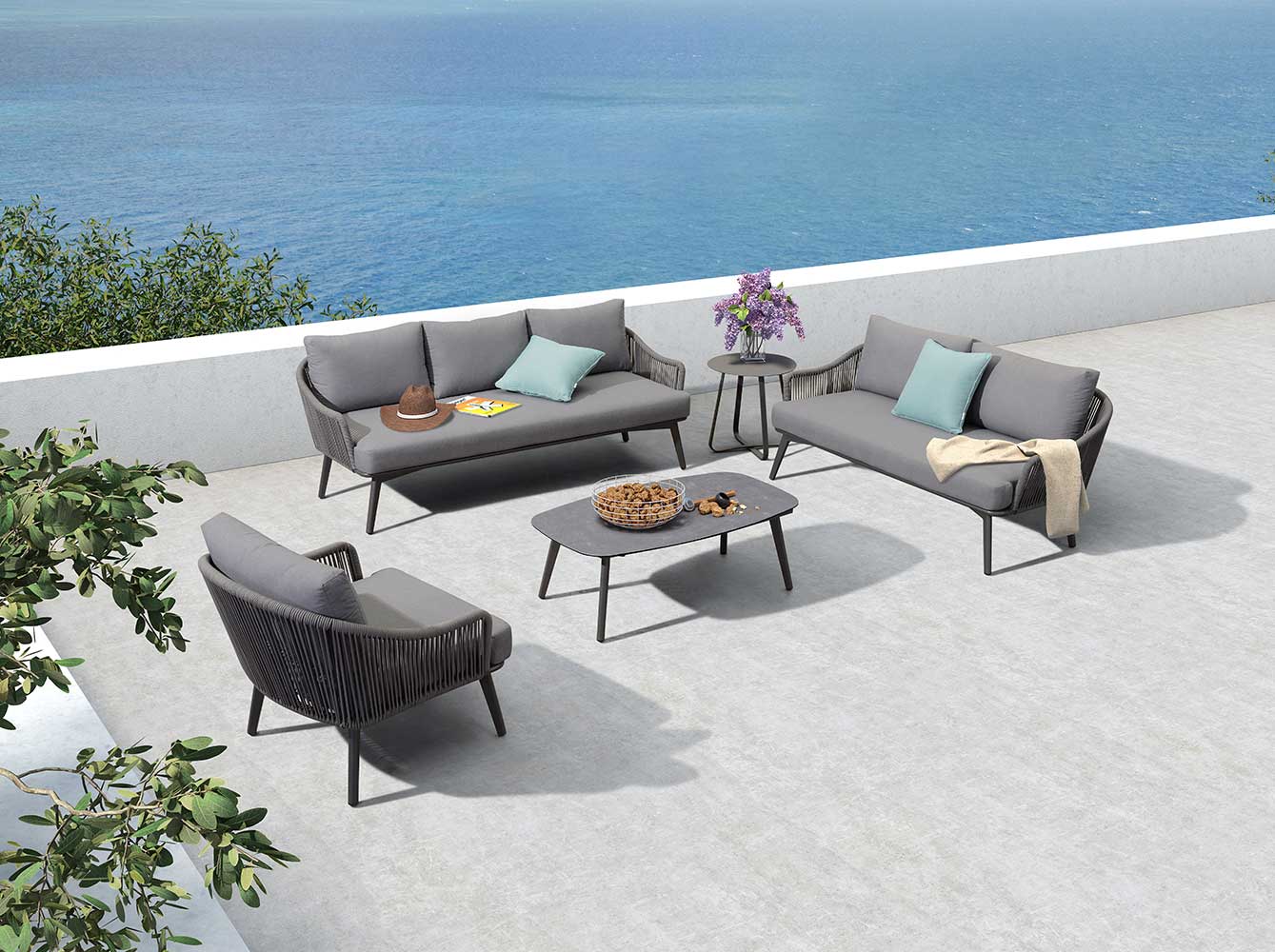 Ergonomic Design Grey Patio Rope Sofa Set