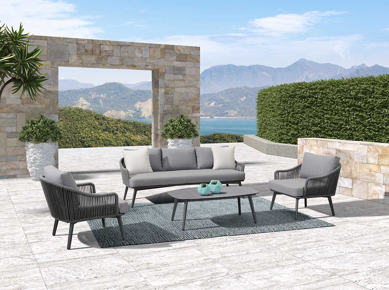 Ergonomic Design Grey Patio Rope Sofa Set