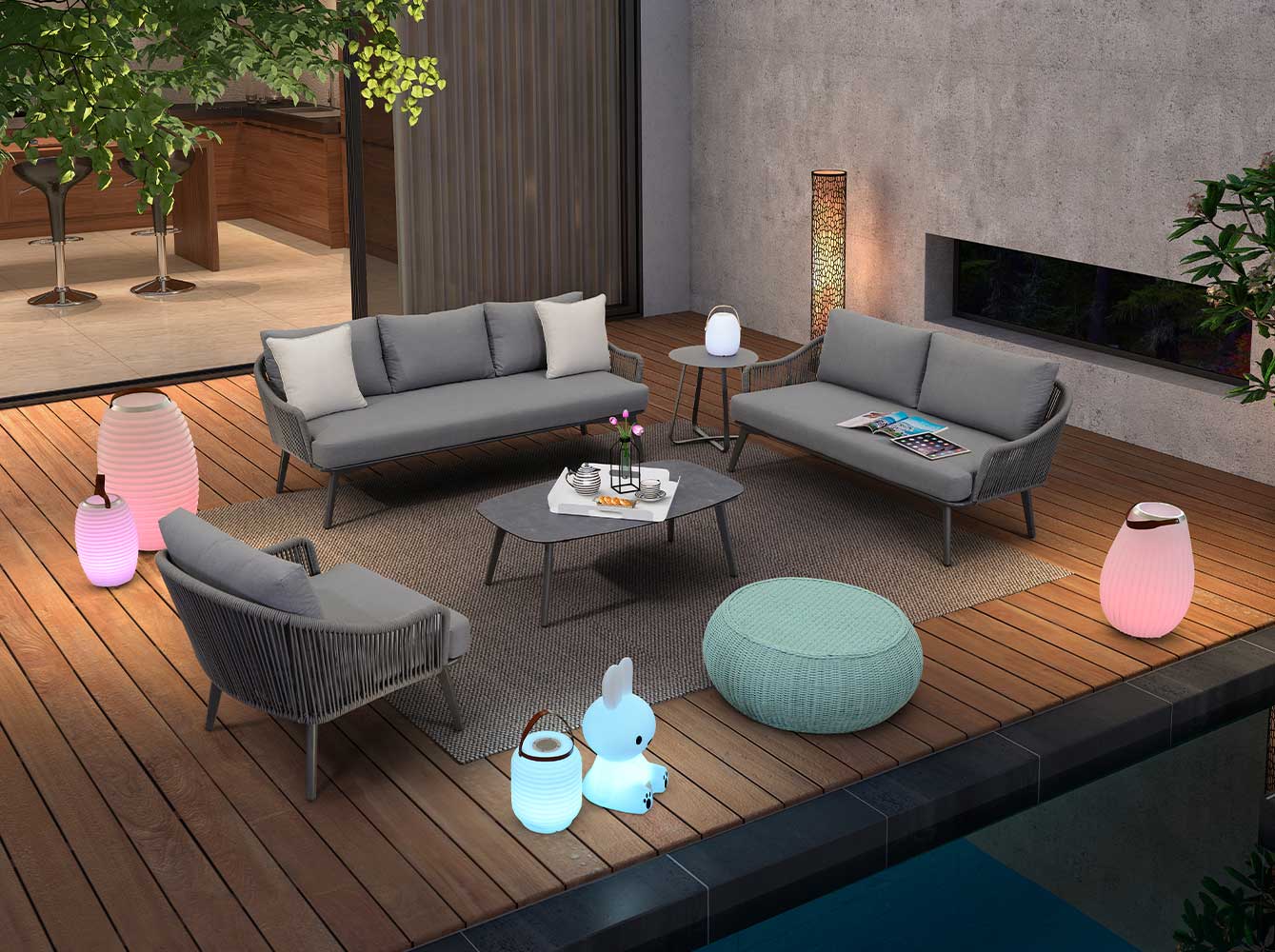 Ergonomic Design Grey Patio Rope Sofa Set